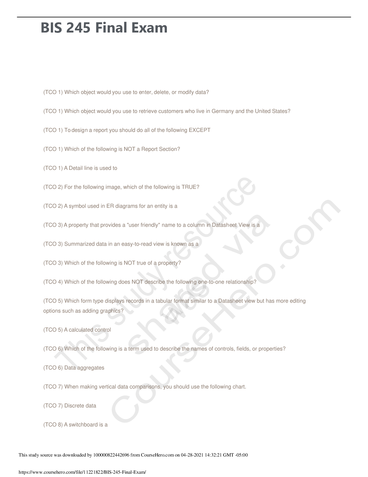 Preview of Devry BIS 245 Final Exam Answer,GRADED A.